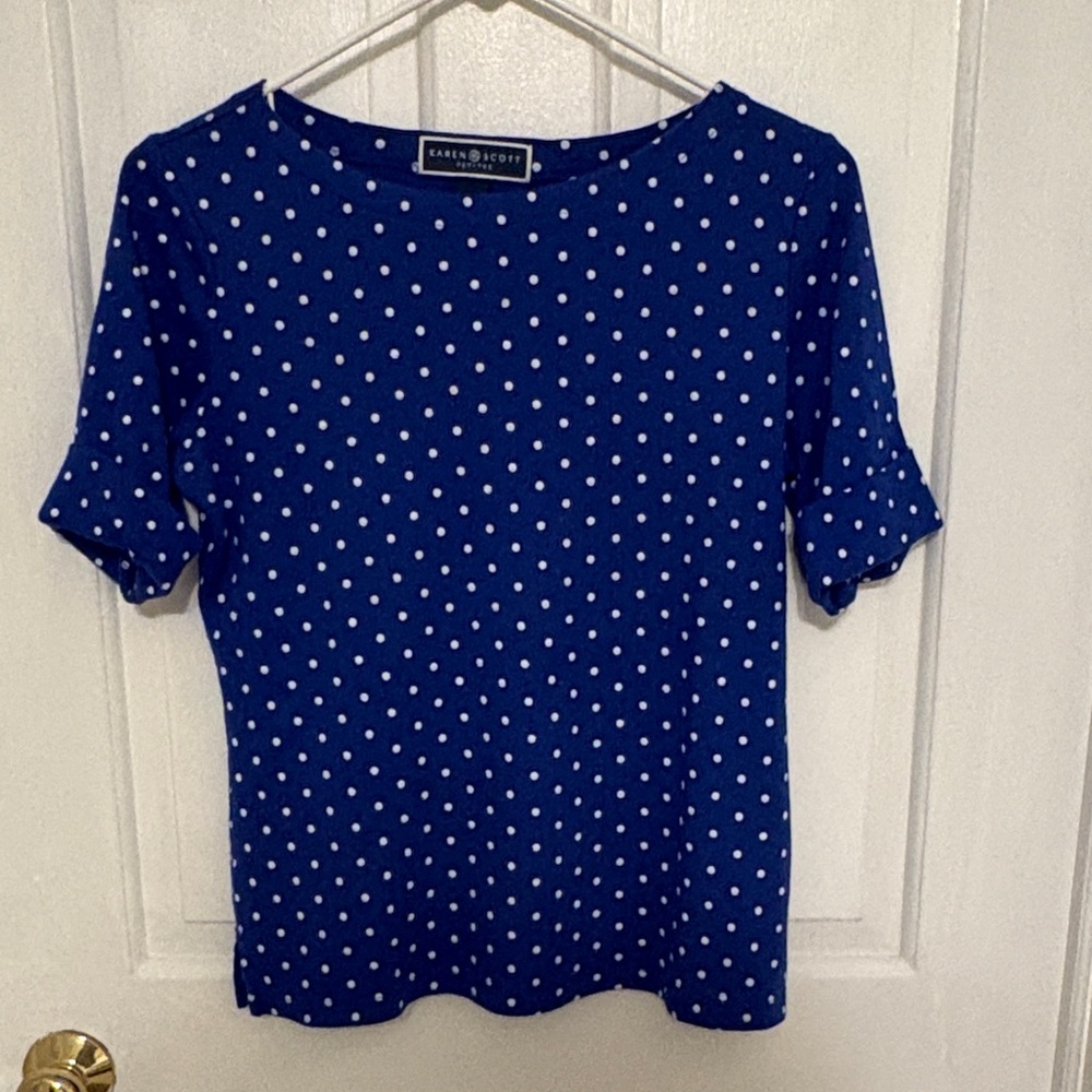 Karen Scott Blue & White Polka Dot Boat Neck T Shirt